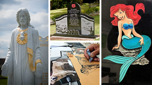 Examples of Abbey Memorials sculpture, memorial artwork and hand-drawn ornamentation